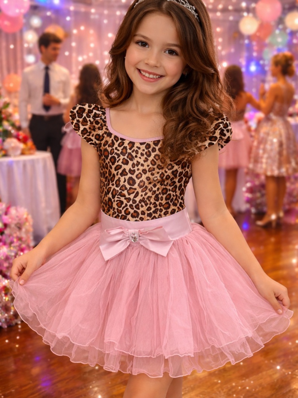 Leopard Bodice Pink Tulle Party Dress for Kids